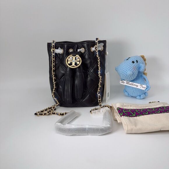 Tory Burch Fleming Mini Soft Quilted Leather Bucket Bag Crossbody Black Gold NWT - Picture 2 of 16